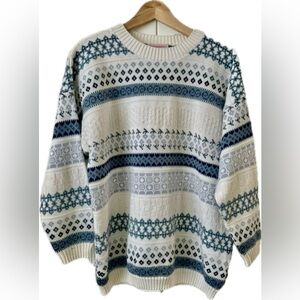 Blue and White Patterned Crew Neck Sweater